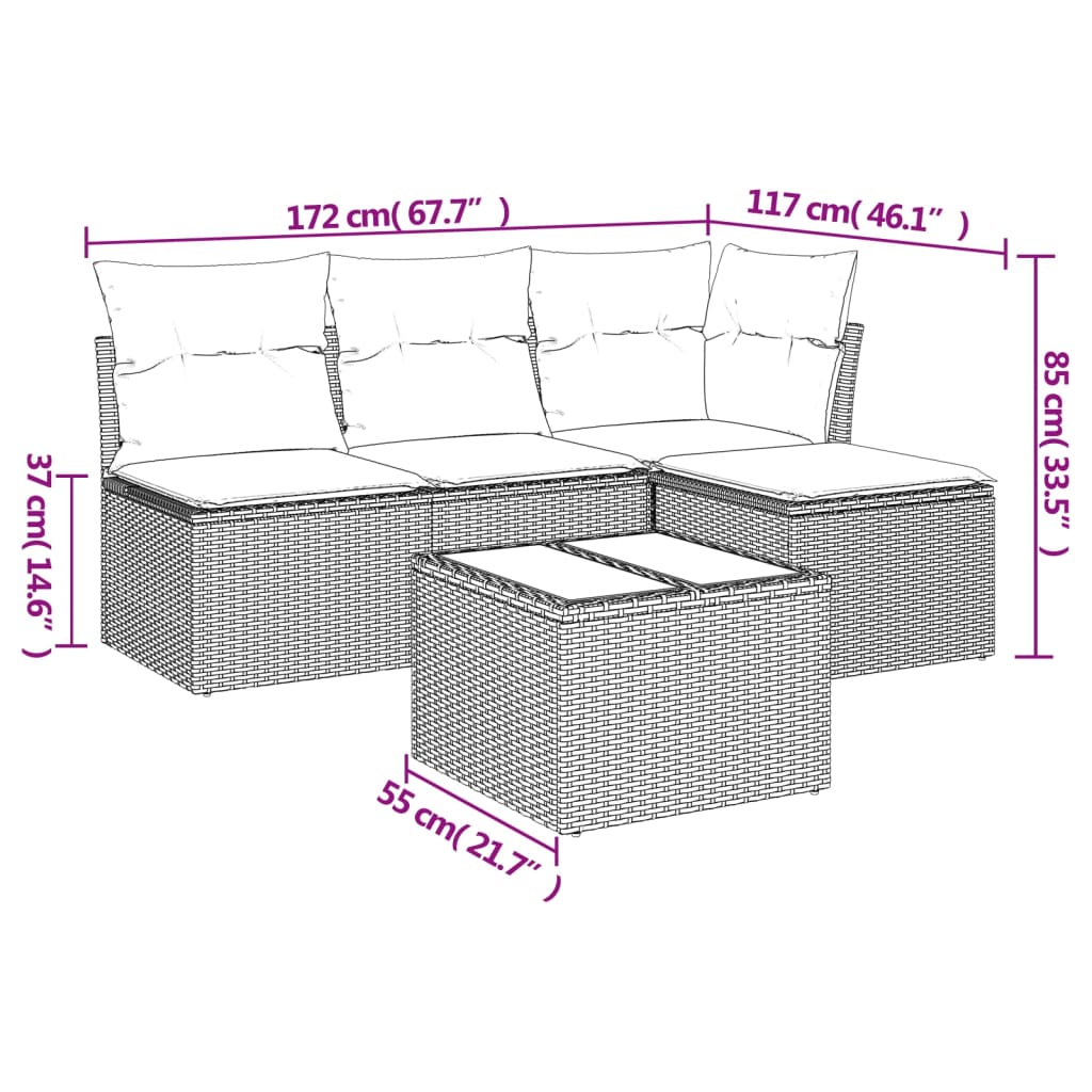 5-tlg. Garten-Sofagarnitur mit Kissen Braun Poly Rattan