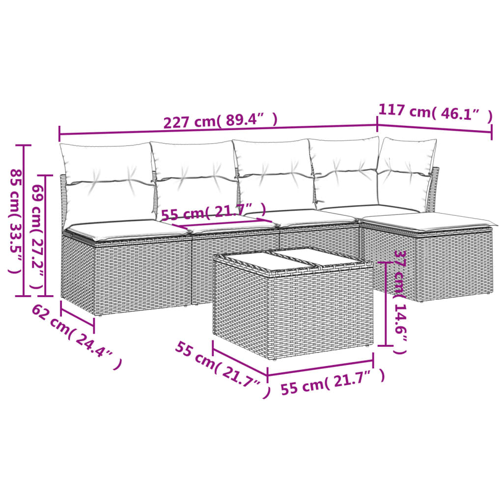 6-tlg. Garten-Sofagarnitur mit Kissen Braun Poly Rattan