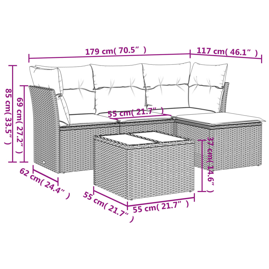 5-tlg. Garten-Sofagarnitur mit Kissen Braun Poly Rattan