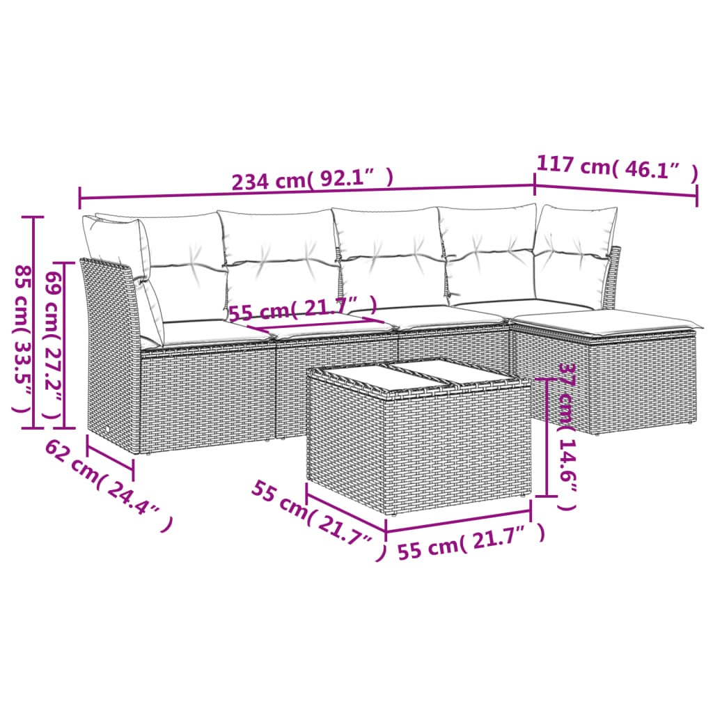 6-tlg. Garten-Sofagarnitur mit Kissen Braun Poly Rattan