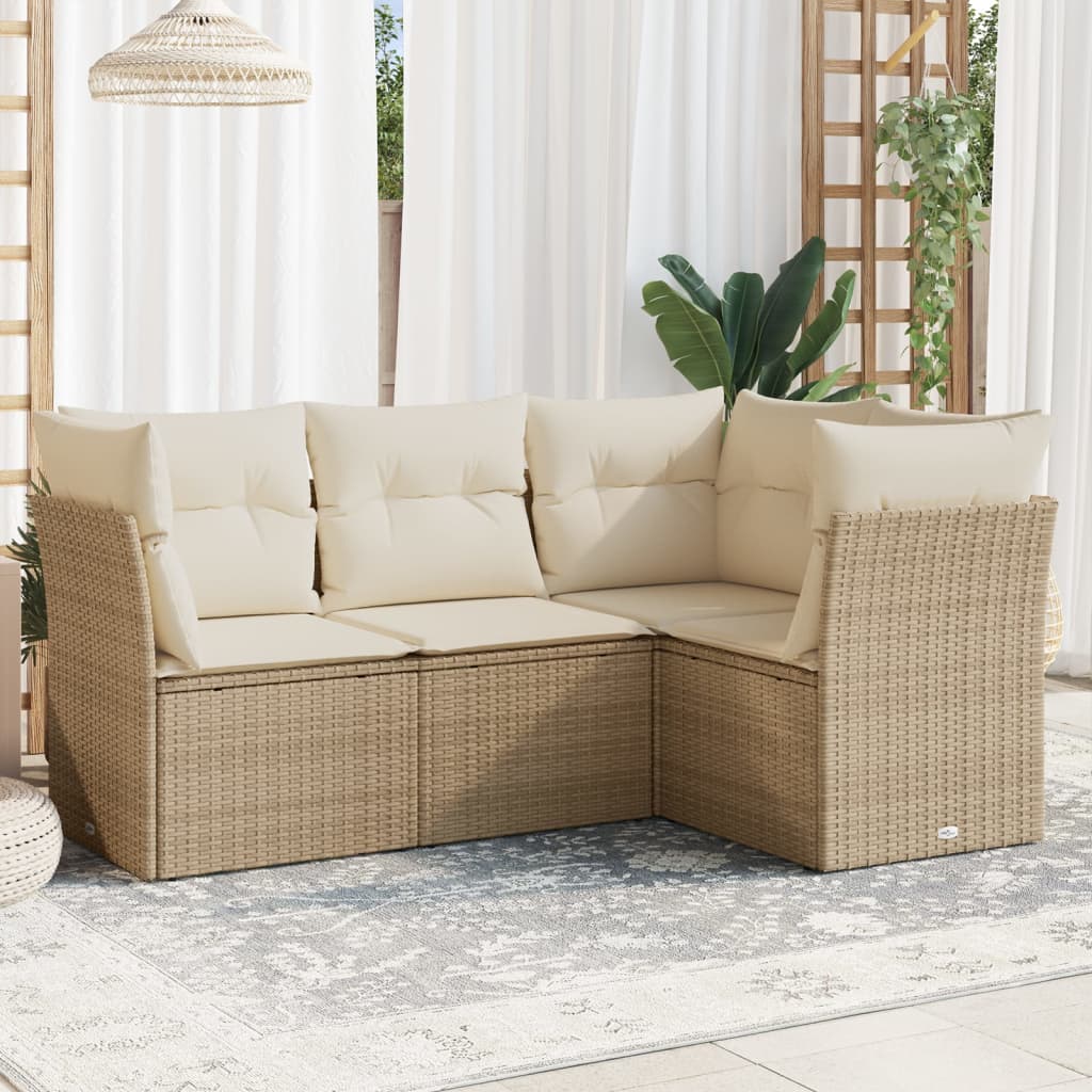 4-tlg. Garten-Sofagarnitur mit Kissen Beige Poly Rattan