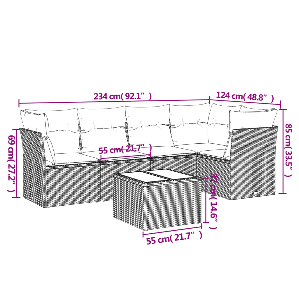 6-tlg. Garten-Sofagarnitur mit Kissen Schwarz Poly Rattan