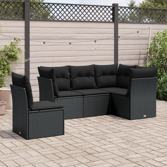 5-piece garden sofa set with cushions, black poly rattan