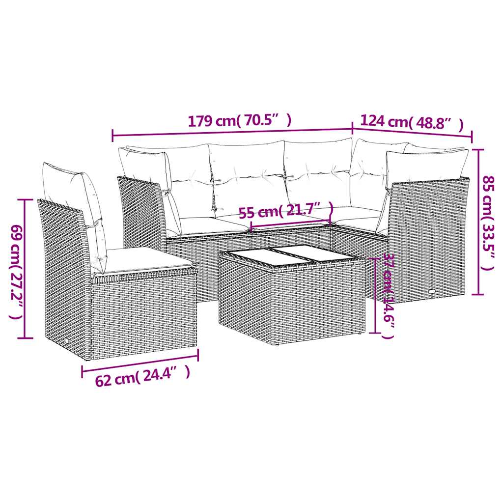 6-tlg. Garten-Sofagarnitur mit Kissen Schwarz Poly Rattan