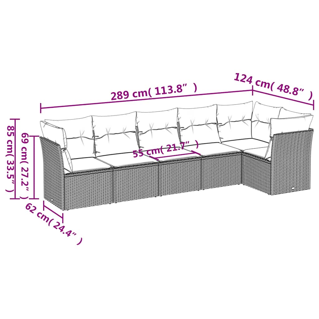 6-tlg. Garten-Sofagarnitur mit Kissen Grau Poly Rattan