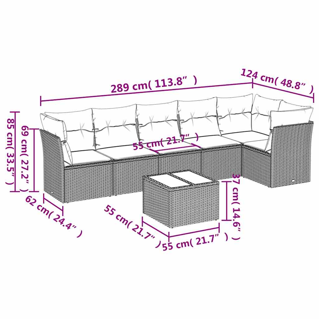 7-tlg. Garten-Sofagarnitur mit Kissen Grau Poly Rattan