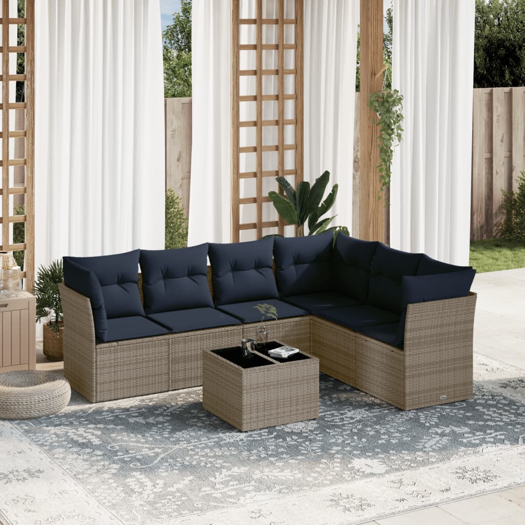 7-teiliges Gartensofa-Set mit Kissen, grau, Polyrattan