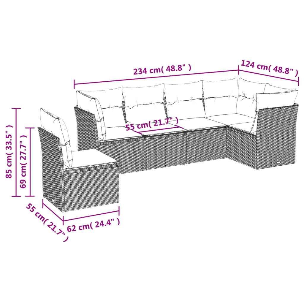 7-tlg. Garten-Sofagarnitur mit Kissen Braun Poly Rattan