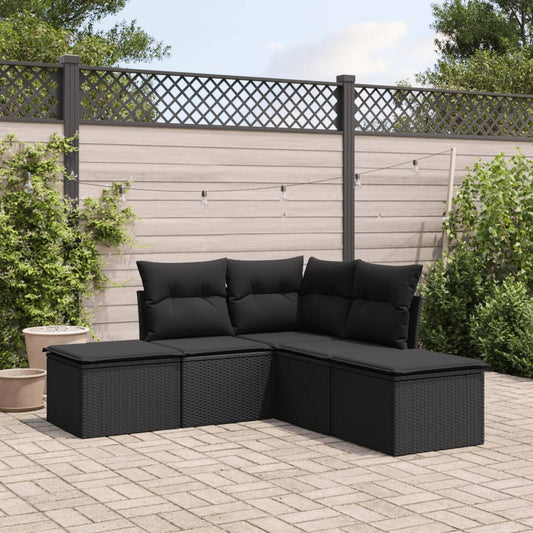 5-piece garden sofa set with cushions, black poly rattan
