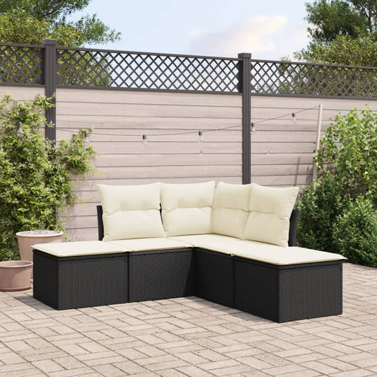 5-piece garden sofa set with cushions, black poly rattan