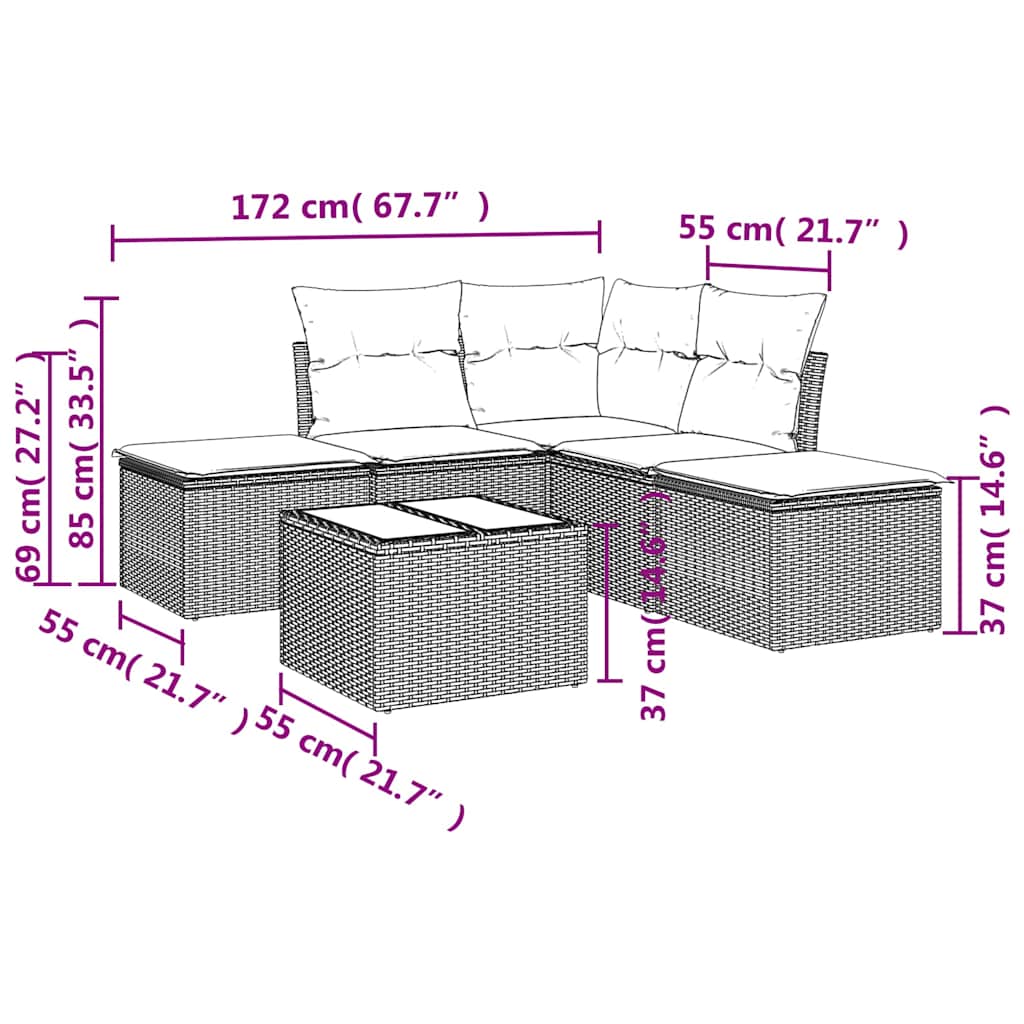 6-tlg. Garten-Sofagarnitur mit Kissen Braun Poly Rattan