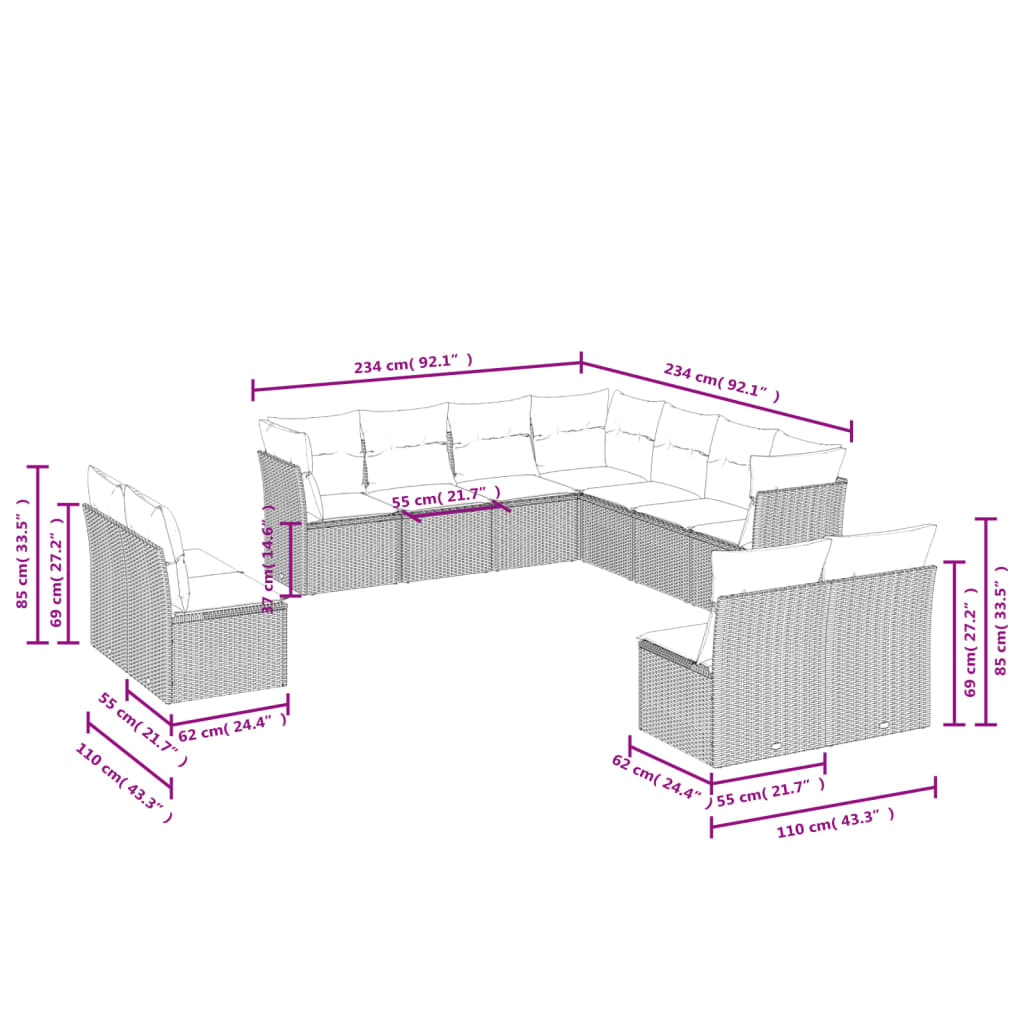 11-teiliges Gartensofa-Set mit Kissen, schwarzes Polyrattan