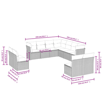 11-teiliges Gartensofa-Set mit Kissen, schwarzes Polyrattan