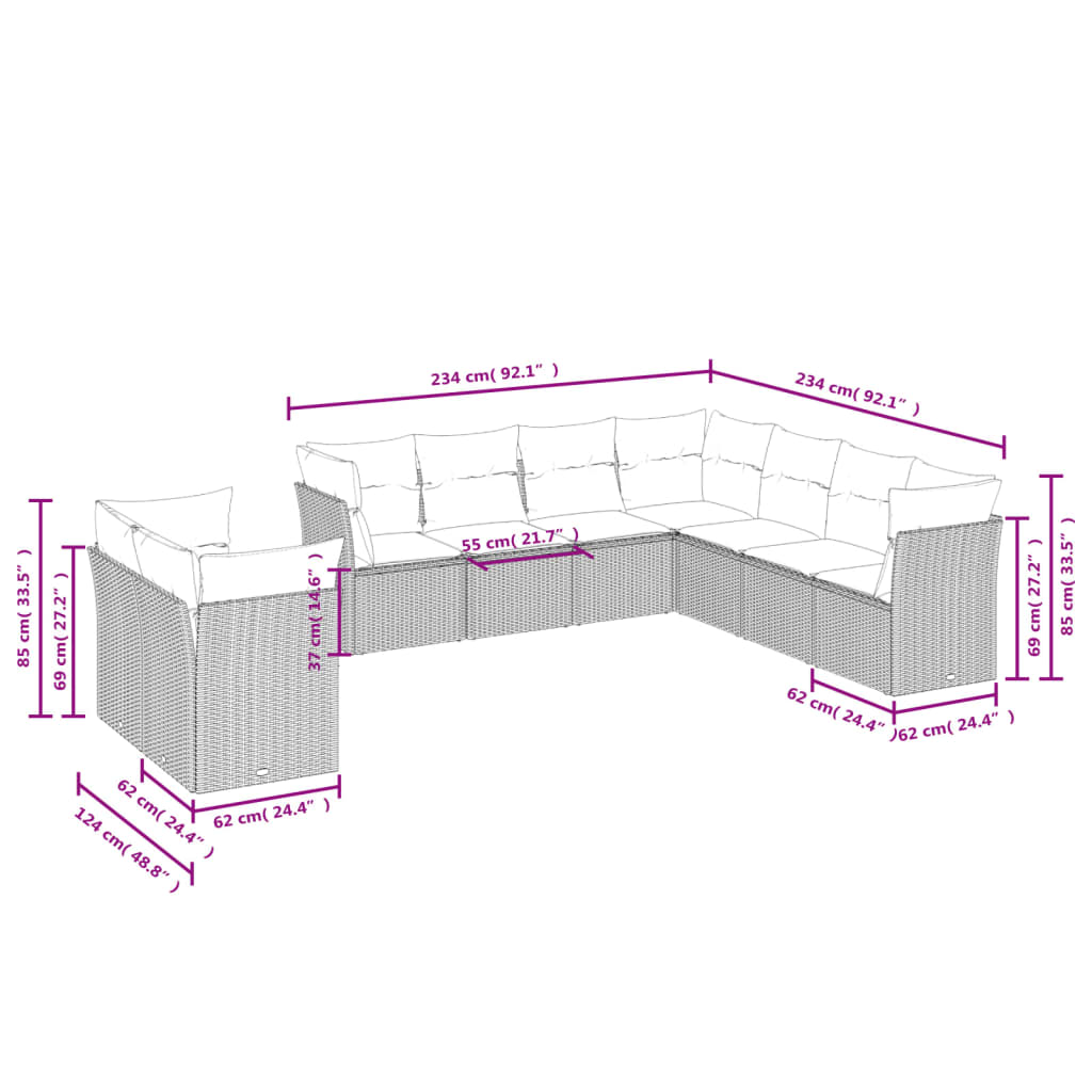 9-teiliges Gartensofa-Set mit Kissen, schwarzes Polyrattan
