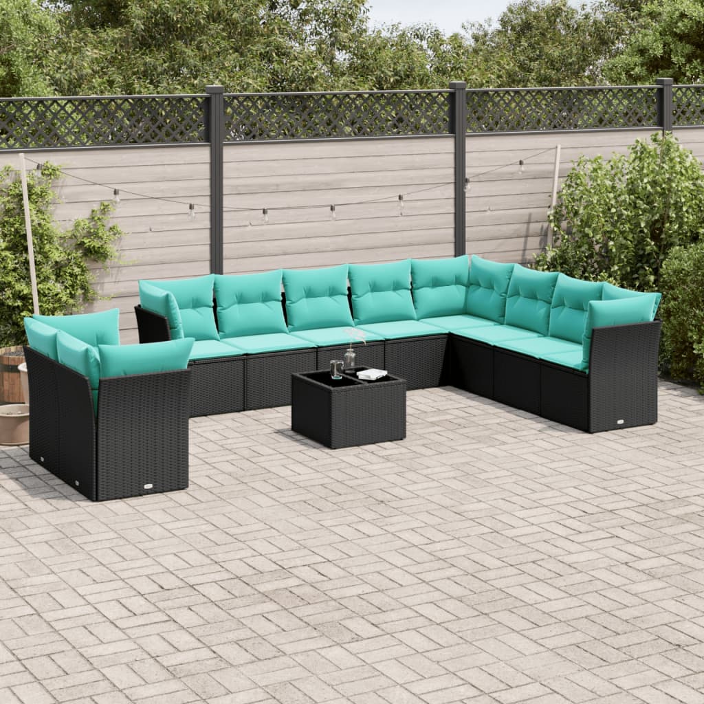 11-teiliges Gartensofa-Set mit Kissen, schwarzes Polyrattan
