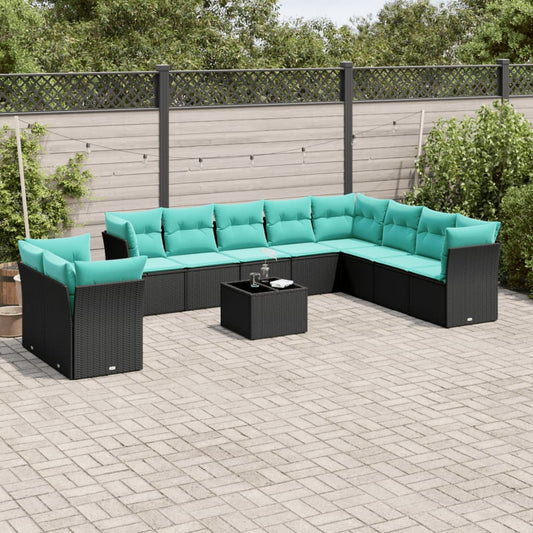 11-teiliges Gartensofa-Set mit Kissen, schwarzes Polyrattan