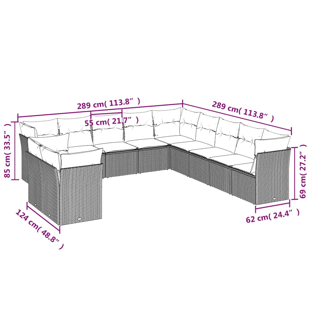 11-tlg. Garten-Sofagarnitur mit Kissen Schwarz Poly Rattan