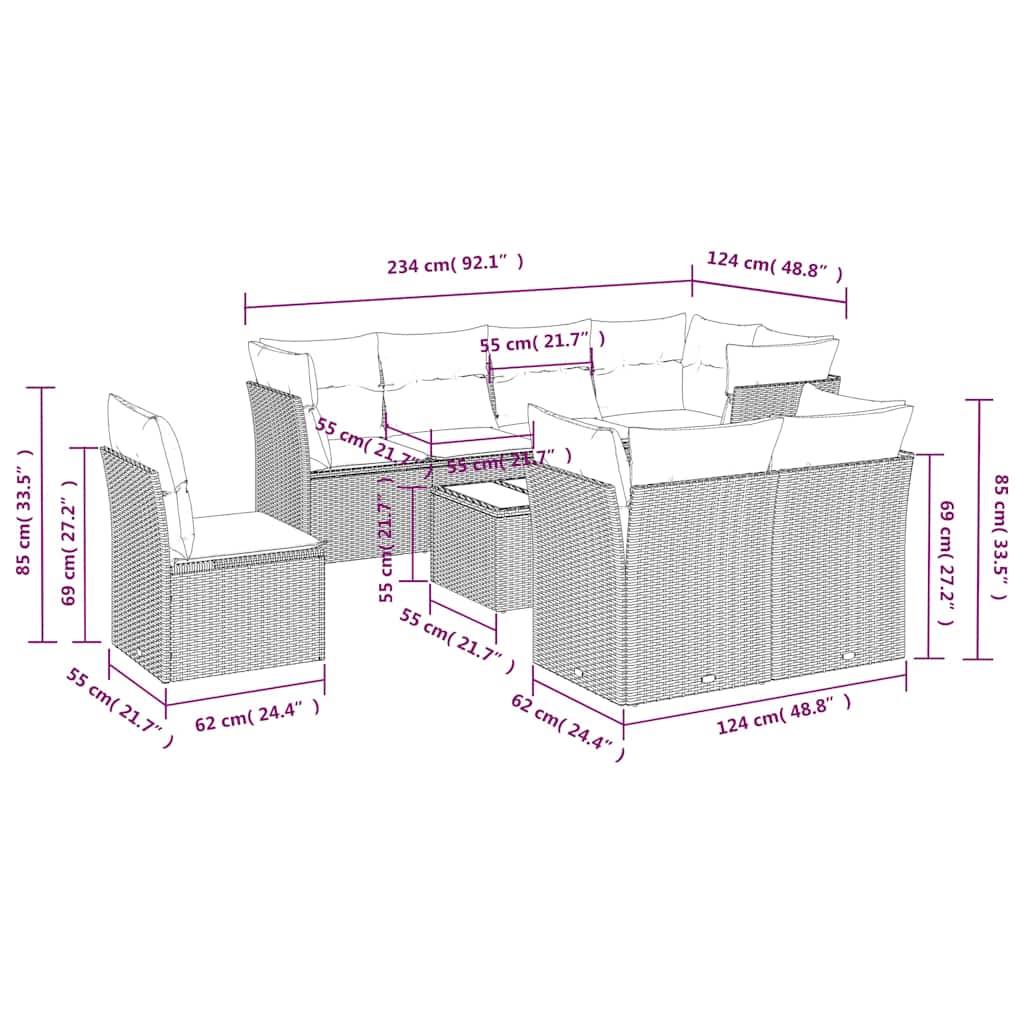 9-tlg. Garten-Sofagarnitur mit Kissen Schwarz Poly Rattan