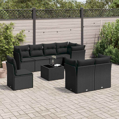 9-tlg. Garten-Sofagarnitur mit Kissen Schwarz Poly Rattan