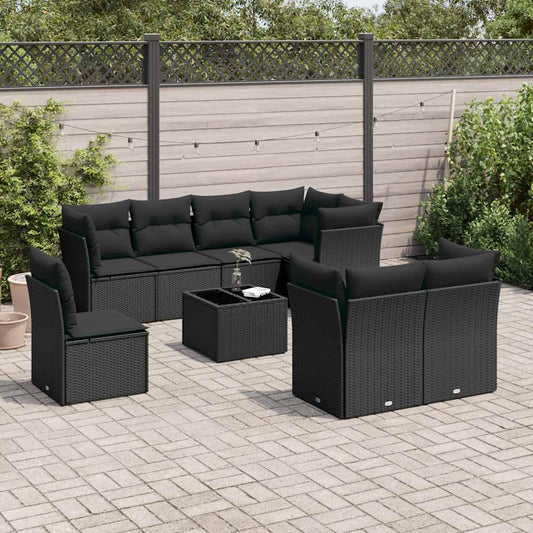 9-tlg. Garten-Sofagarnitur mit Kissen Schwarz Poly Rattan