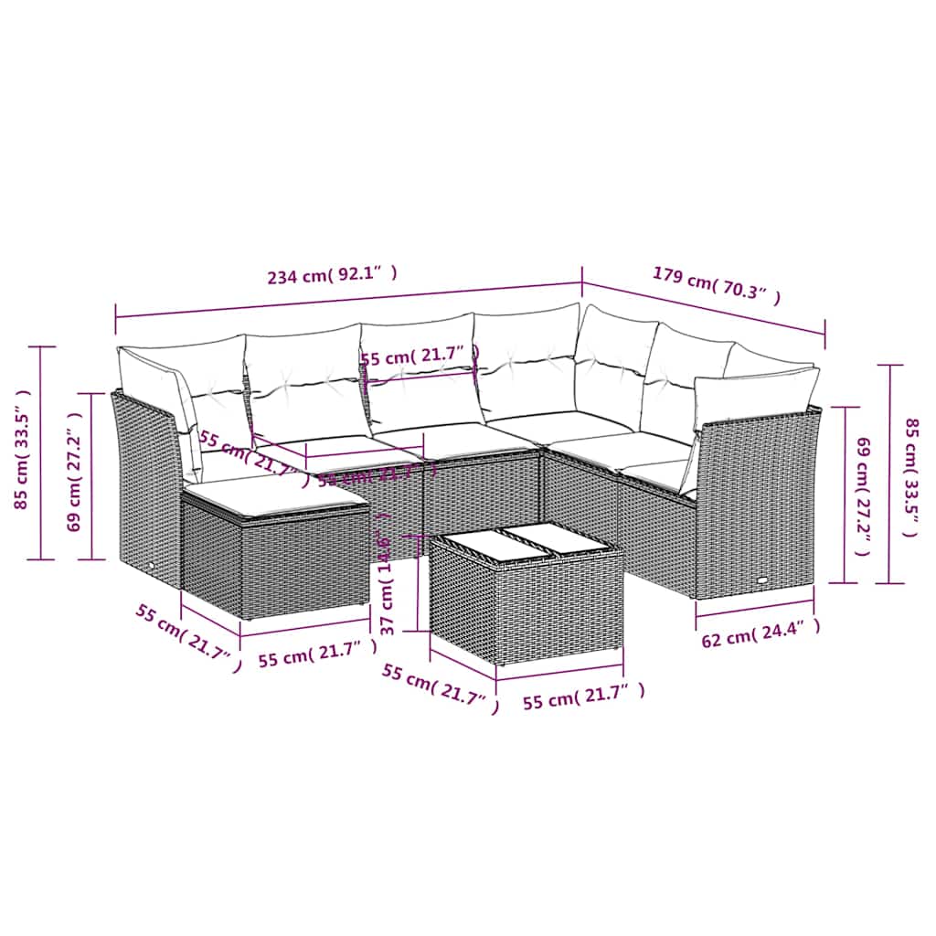 8-tlg. Garten-Sofagarnitur mit Kissen Schwarz Poly Rattan