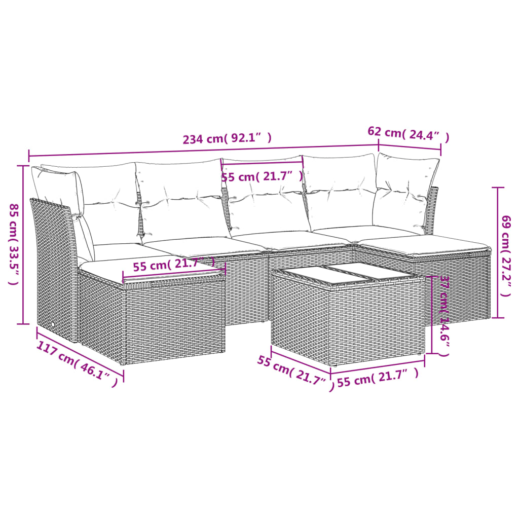 7-tlg. Garten-Sofagarnitur mit Kissen Beige Poly Rattan