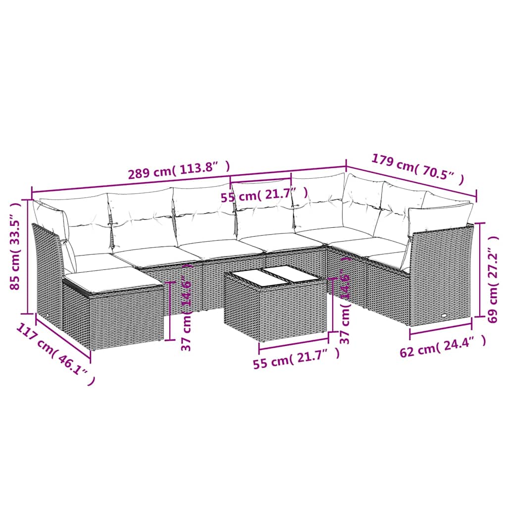 9-tlg. Garten-Sofagarnitur mit Kissen Schwarz Poly Rattan