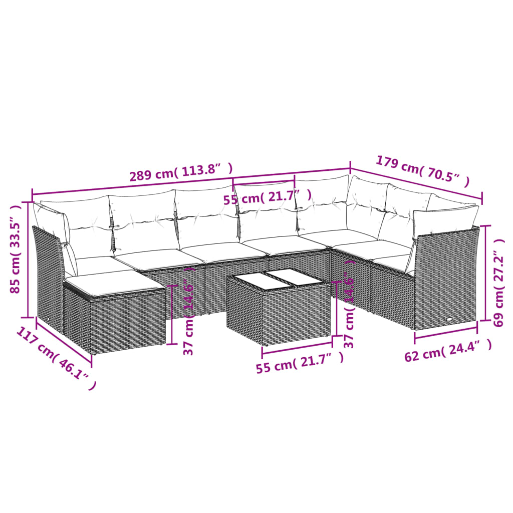 9-tlg. Garten-Sofagarnitur mit Kissen Braun Poly Rattan