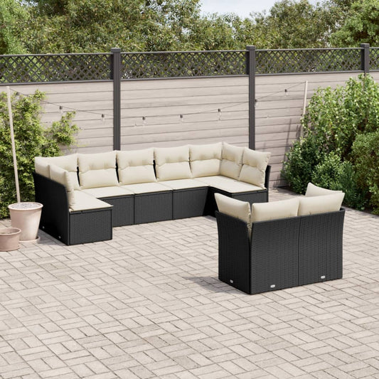 9-tlg. Garten-Sofagarnitur mit Kissen Schwarz Poly Rattan