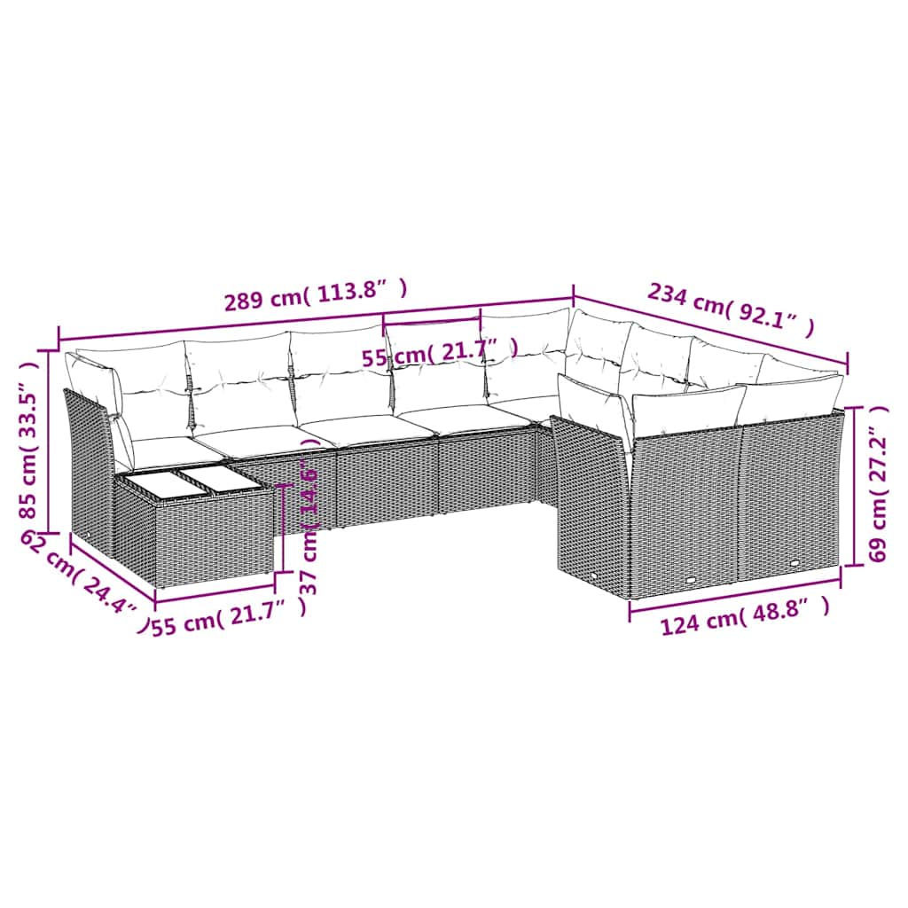 10-tlg. Garten-Sofagarnitur mit Kissen Schwarz Poly Rattan
