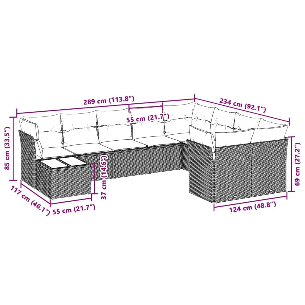 10-tlg. Garten-Sofagarnitur mit Kissen Hellgrau Poly Rattan