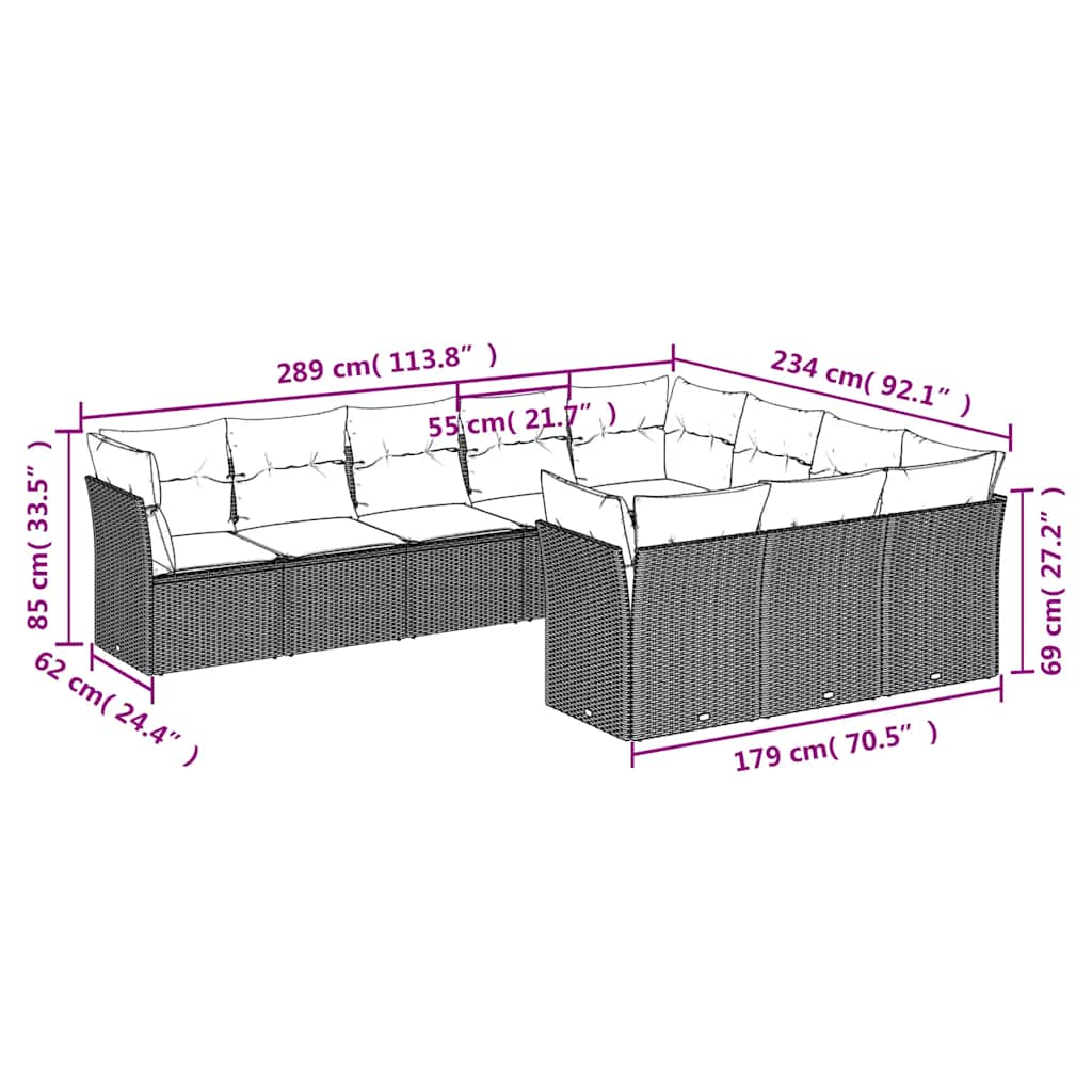 10-tlg. Garten-Sofagarnitur mit Kissen Schwarz Poly Rattan
