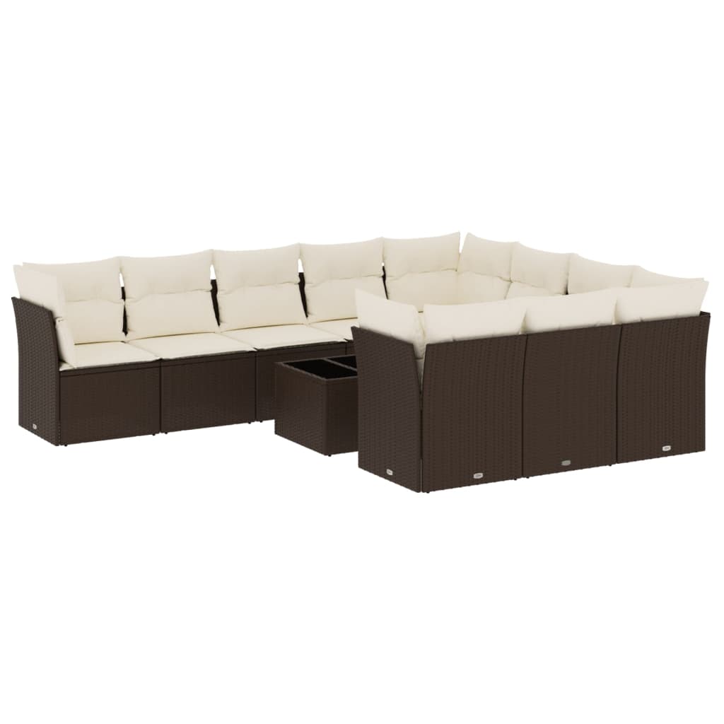 11-tlg. Garten-Sofagarnitur mit Kissen Braun Poly Rattan