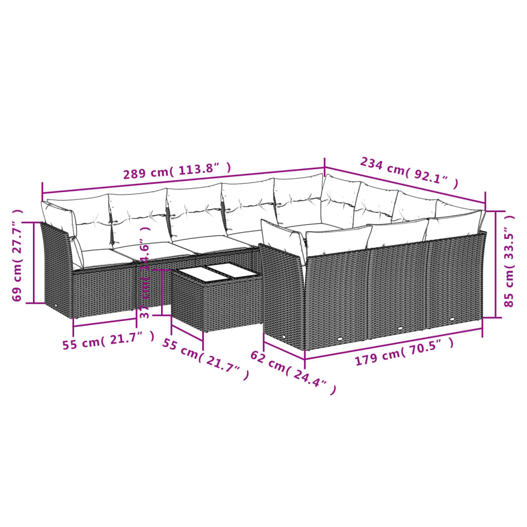 11-tlg. Garten-Sofagarnitur mit Kissen Braun Poly Rattan