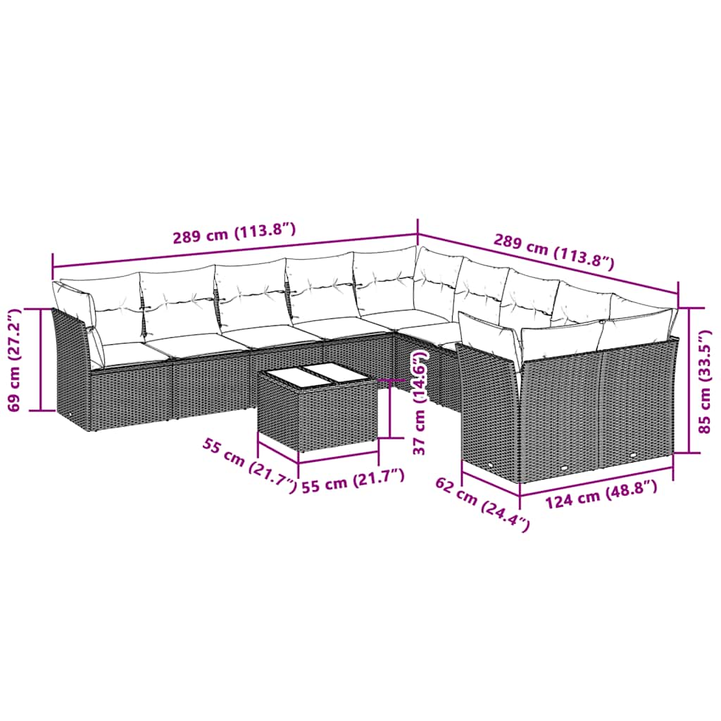 11-tlg. Garten-Sofagarnitur mit Kissen Hellgrau Poly Rattan