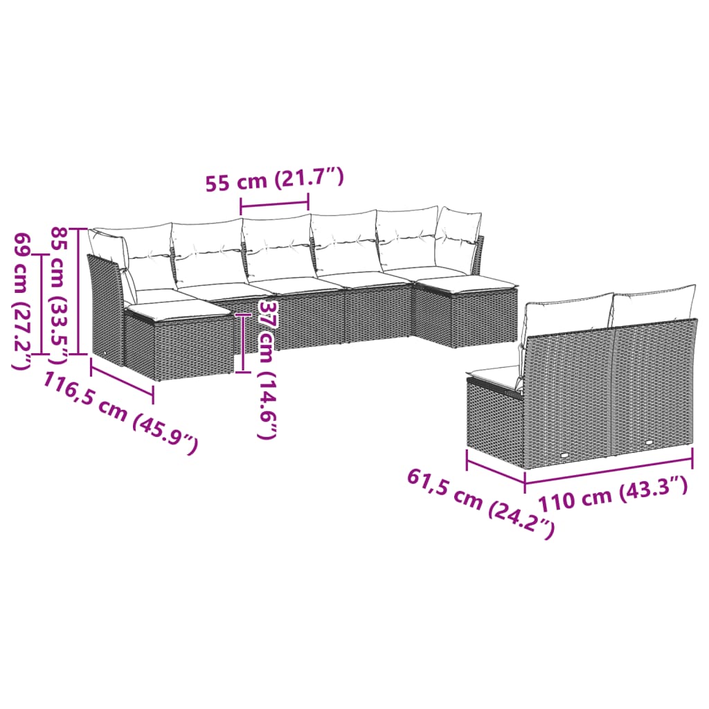 9-tlg. Garten-Sofagarnitur mit Kissen Hellgrau Poly Rattan