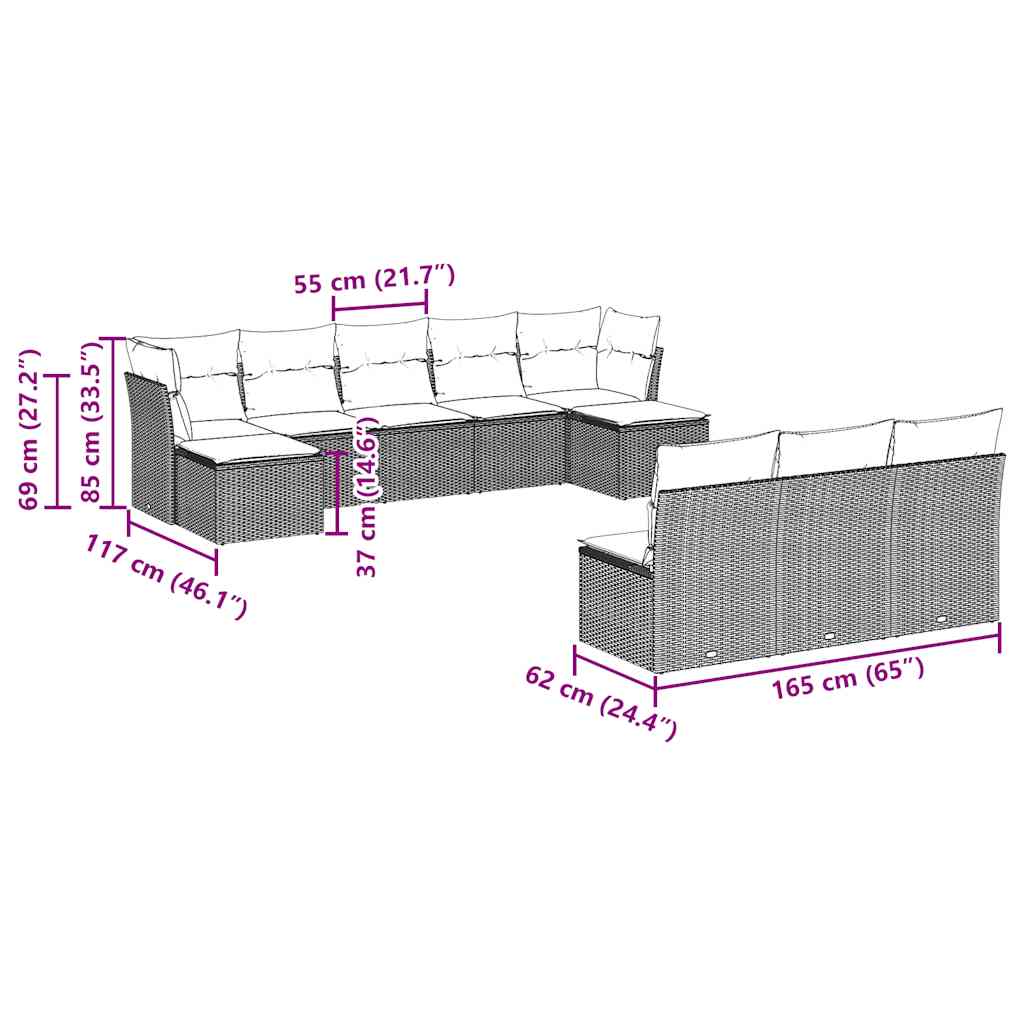 10-tlg. Garten-Sofagarnitur mit Kissen Braun Poly Rattan
