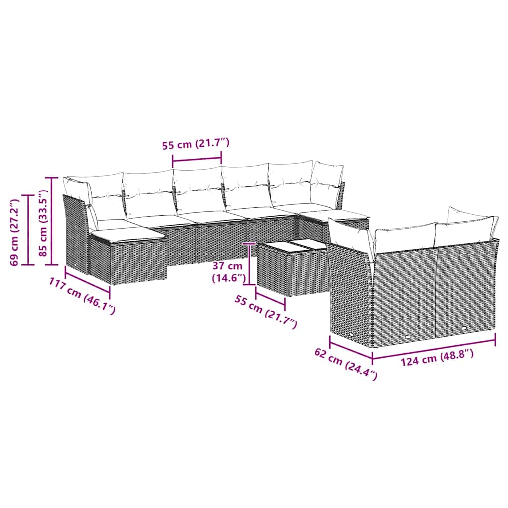 10-tlg. Garten-Sofagarnitur mit Kissen Hellgrau Poly Rattan
