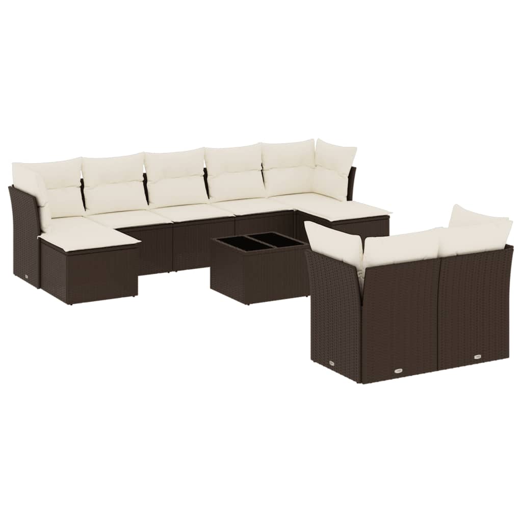 10-tlg. Garten-Sofagarnitur mit Kissen Braun Poly Rattan