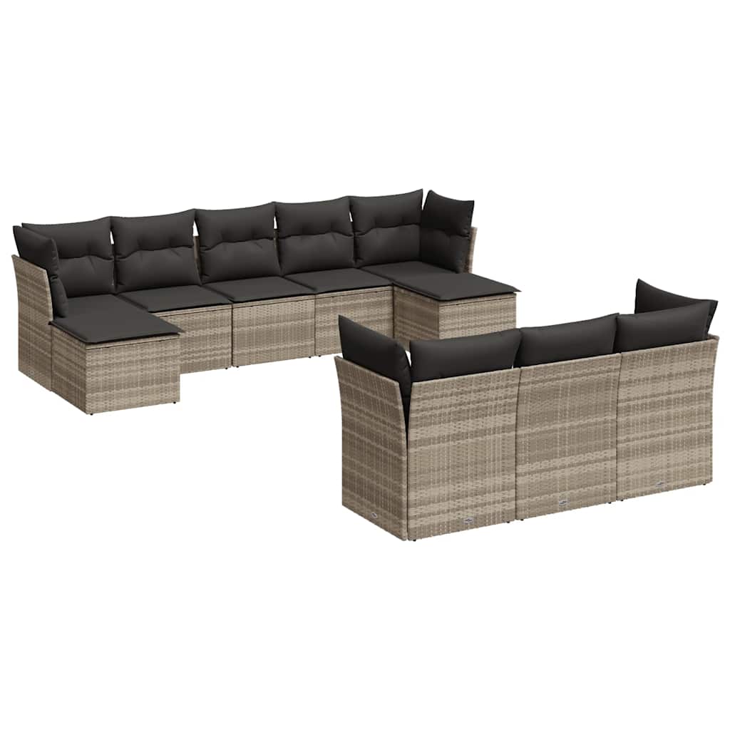 10-tlg. Garten-Sofagarnitur mit Kissen Hellgrau Poly Rattan