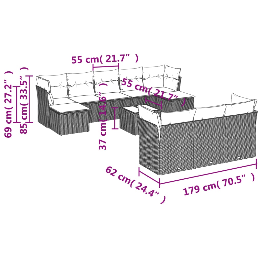 11-tlg. Garten-Sofagarnitur mit Kissen Braun Poly Rattan