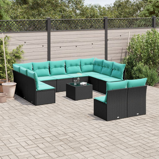 12-teiliges Gartensofa-Set mit Kissen, schwarzes Polyrattan