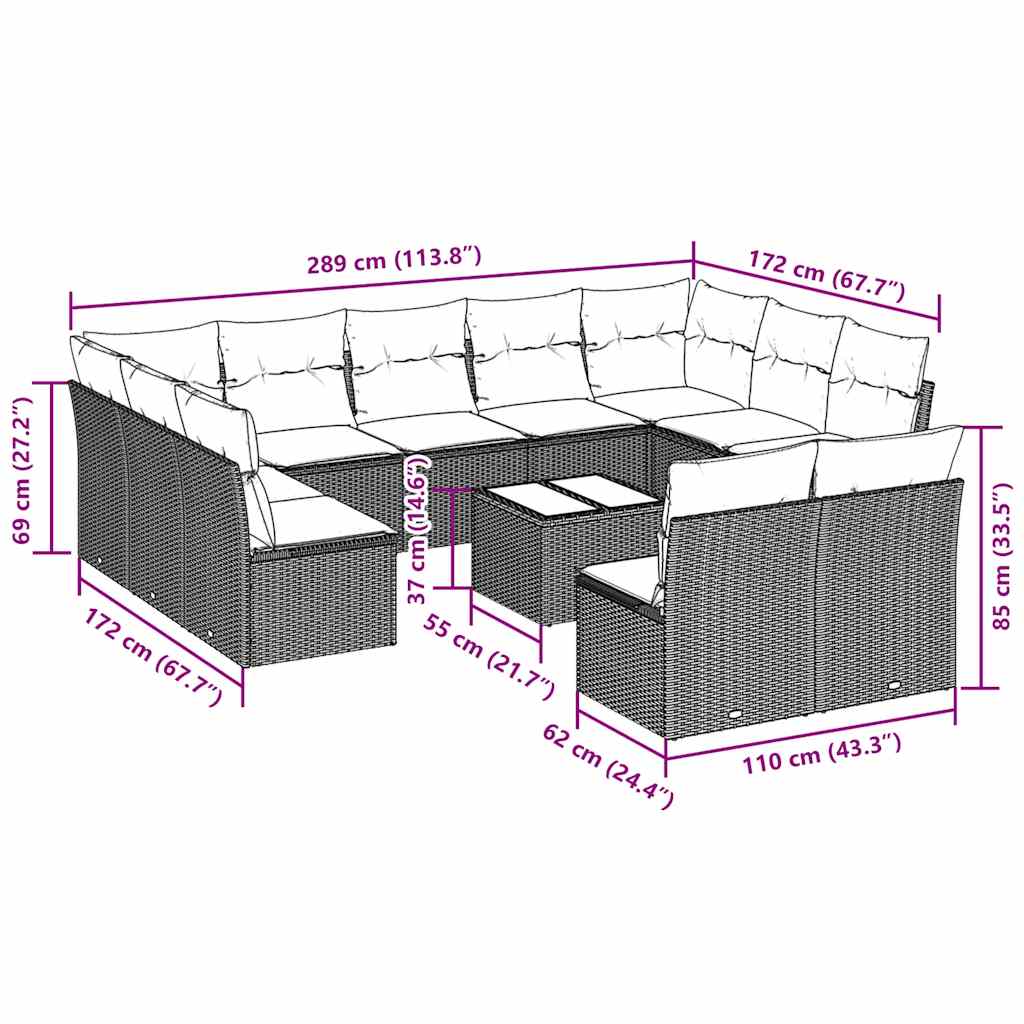 12-tlg. Garten-Sofagarnitur mit Kissen Hellgrau Poly Rattan