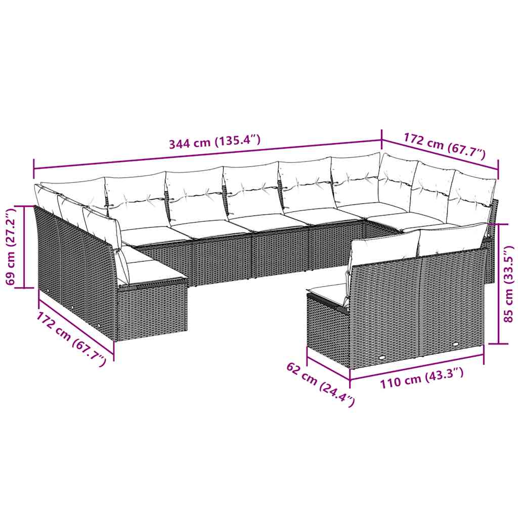 12-tlg. Garten-Sofagarnitur mit Kissen Hellgrau Poly Rattan