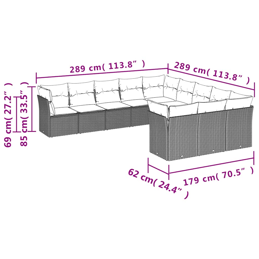 11-tlg. Garten-Sofagarnitur mit Kissen Schwarz Poly Rattan
