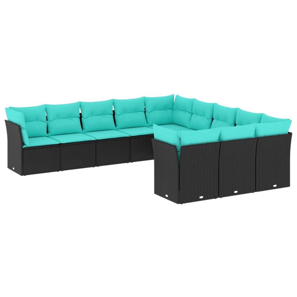 11-teiliges Gartensofa-Set mit Kissen, schwarzes Polyrattan