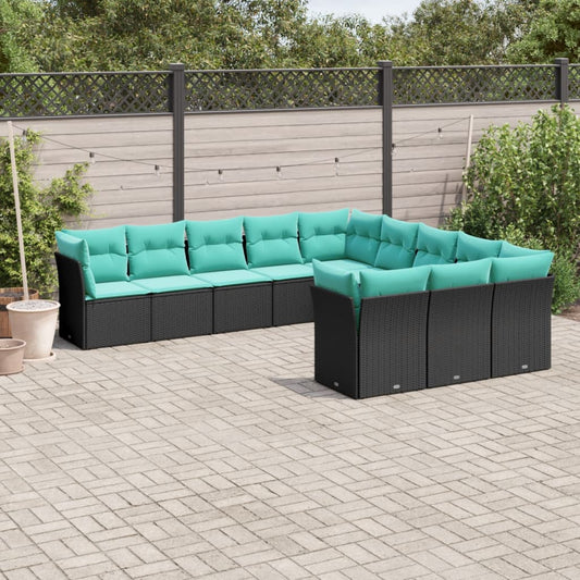 11-teiliges Gartensofa-Set mit Kissen, schwarzes Polyrattan