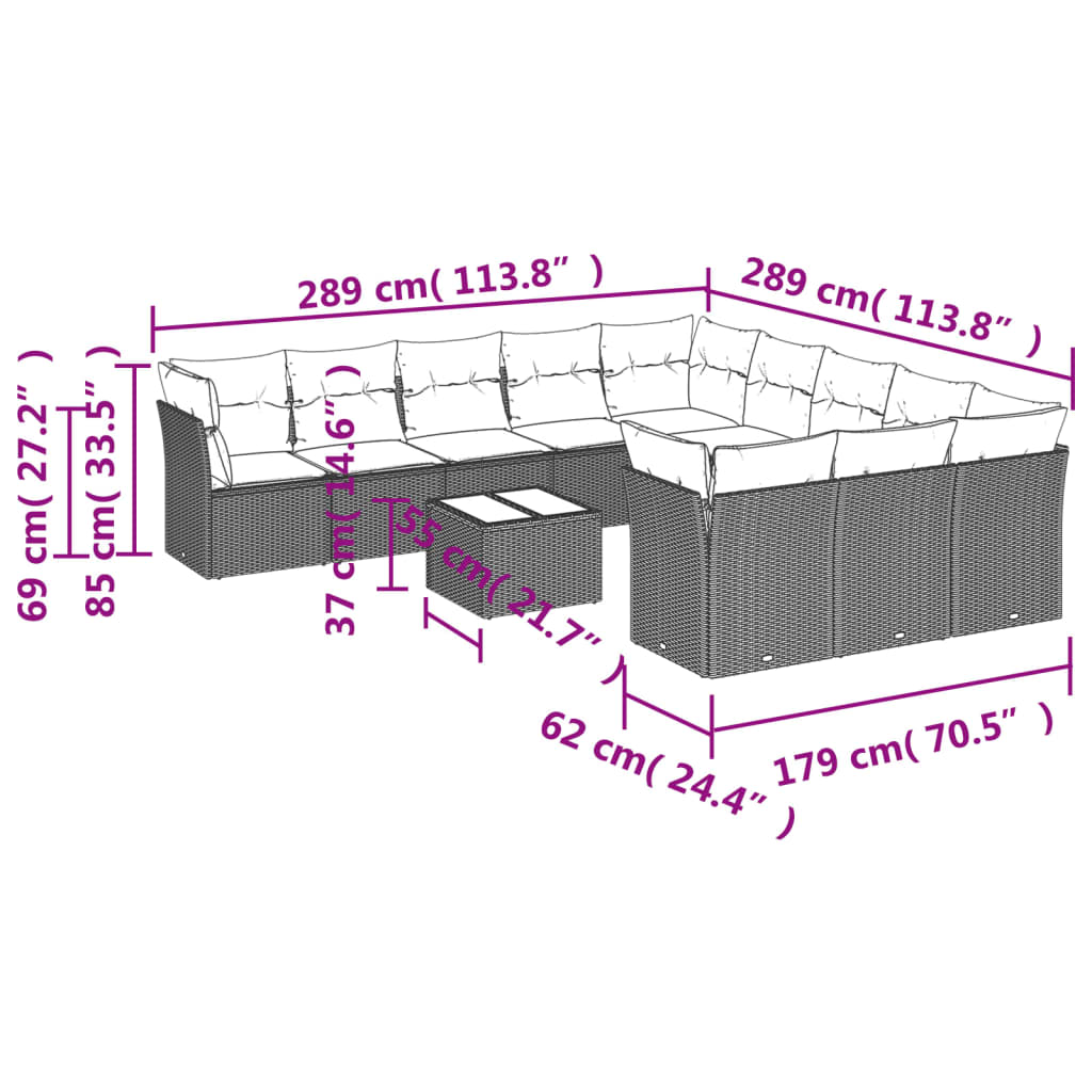 12-tlg. Garten-Sofagarnitur mit Kissen Braun Poly Rattan