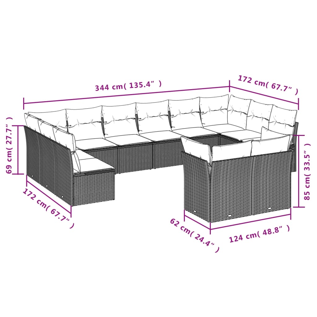 12-teiliges Gartensofa-Set mit Kissen, schwarzes Polyrattan