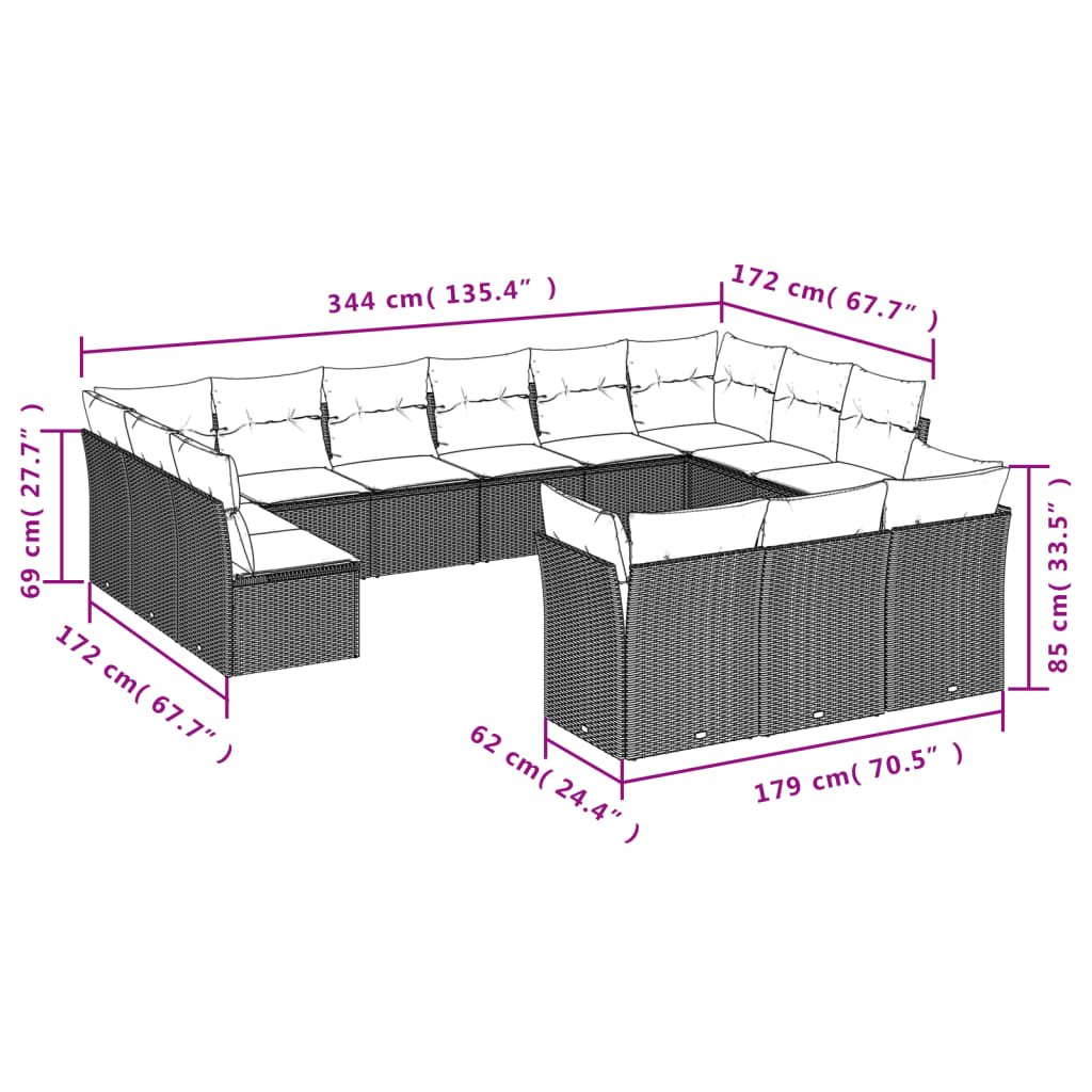13-teiliges Gartensofa-Set mit Kissen, schwarzes Polyrattan